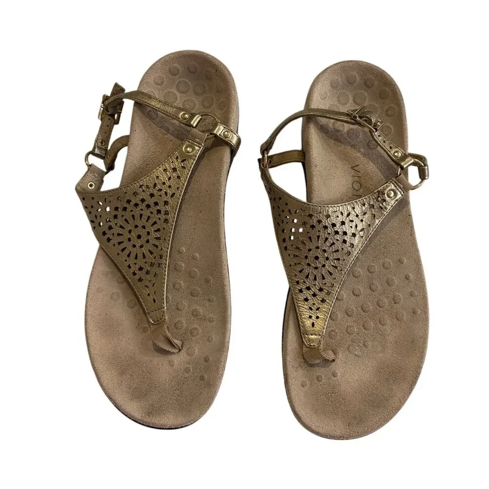 Vionic Kirra Sandals Gold Perforated Leather Thong Slingback Arch Support 10